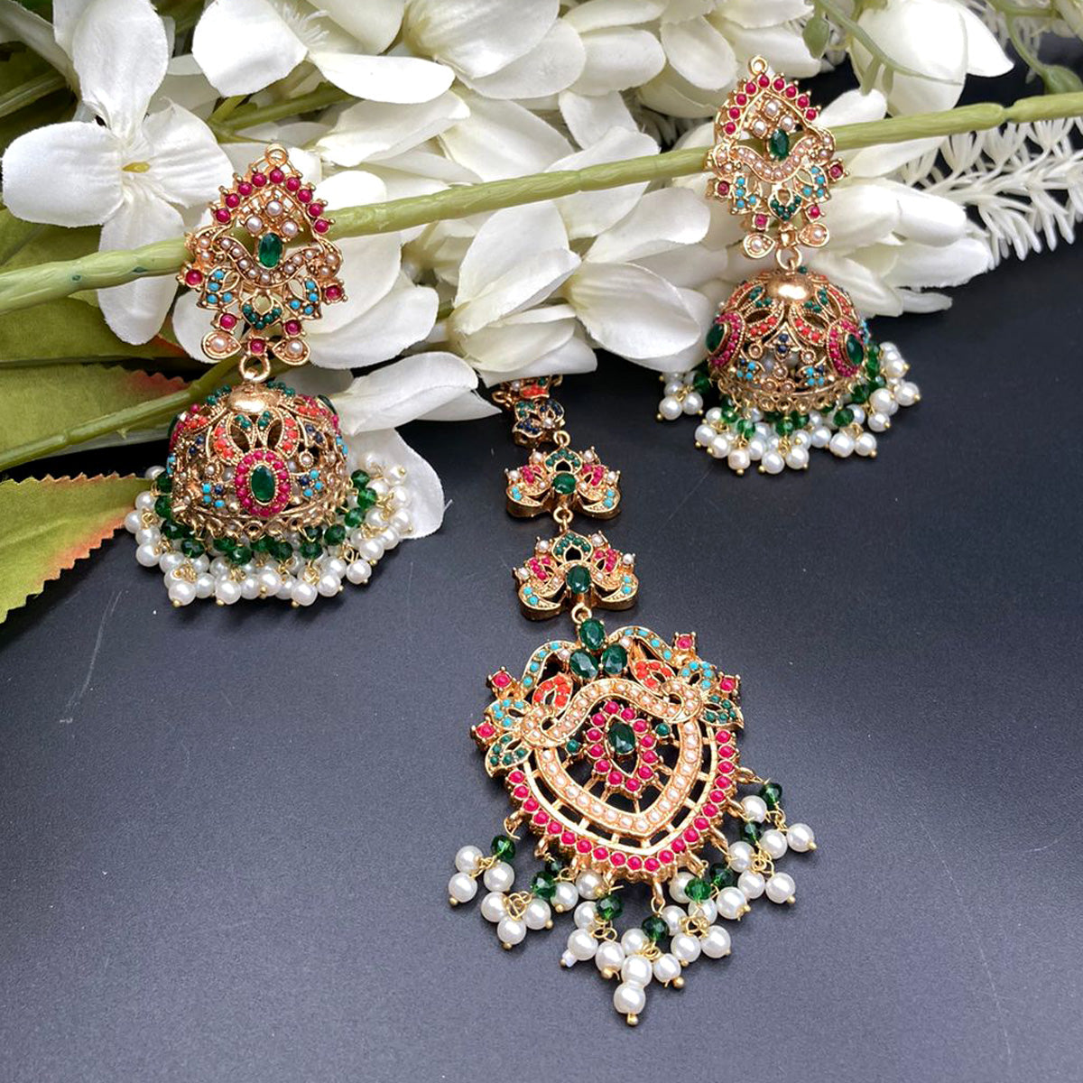 Multi Color Decorated Stones Nauratan Bindiya Earrings