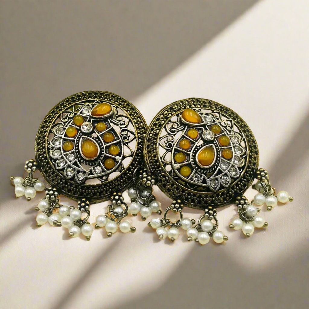 Yellow Brass Silver Stones & Pearls Oxidised Earrings