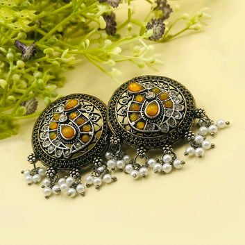 Yellow Brass Silver Stones & Pearls Oxidised Earrings