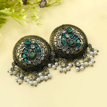 Teal Brass Silver Stones & Pearls Oxidised Earrings