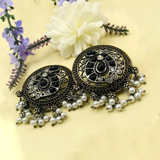 Black Brass Silver Stones & Pearls Oxidised Earrings