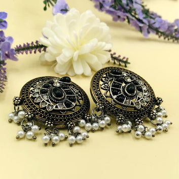 Black Brass Silver Stones & Pearls Oxidised Earrings