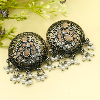 Beige Brass Silver Stones & Pearls Oxidised Earrings
