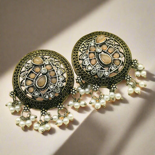 Beige Brass Silver Stones & Pearls Oxidised Earrings