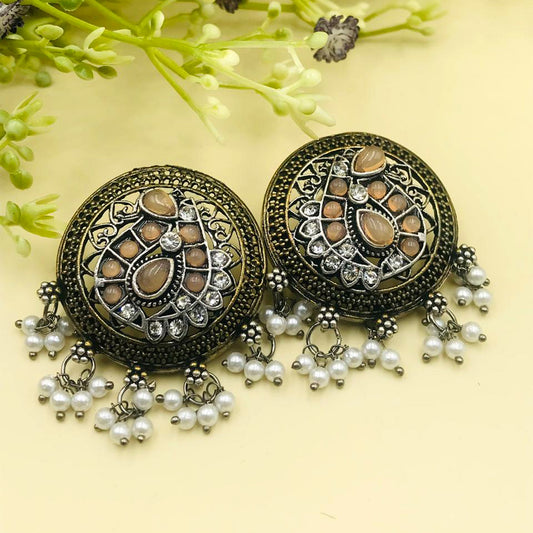 Beige Brass Silver Stones & Pearls Oxidised Earrings