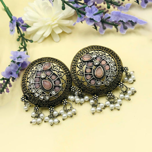 Powder Pink Brass Silver Stones & Pearls Oxidised Earrings