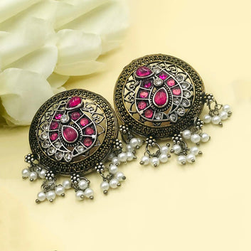 Pink Brass Silver Stones & Pearls Oxidised Earrings