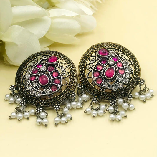 Pink Brass Silver Stones & Pearls Oxidised Earrings