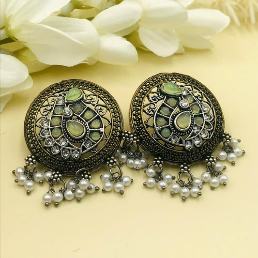 Mint Green Brass Silver Stones & Pearls Oxidised Earrings