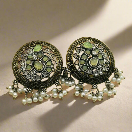 Mint Green Brass Silver Stones & Pearls Oxidised Earrings