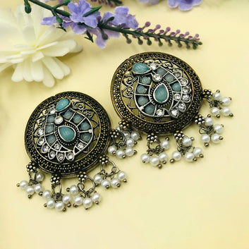 Turquoise Brass Silver Stones & Pearls Oxidised Earrings