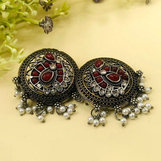 Red Brass Silver Stones & Pearls Oxidised Earrings