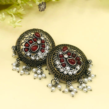 Red Brass Silver Stones & Pearls Oxidised Earrings