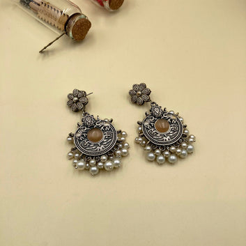 Orange Chokar Oxidised Earrings With Pearls