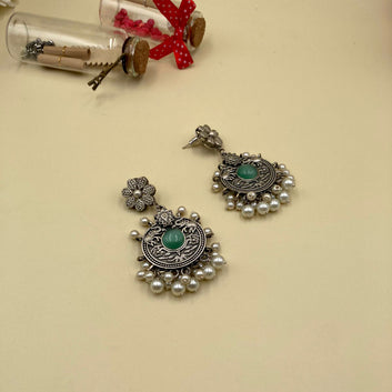 Mint Green Chokar Oxidised Earrings With Pearls