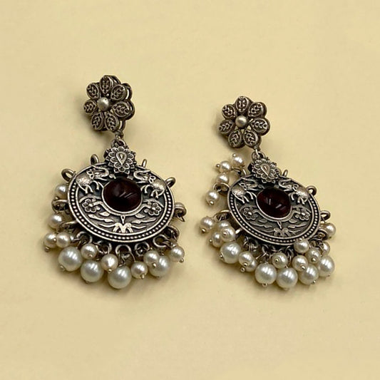 Burgundy Chokar Oxidised Earrings With Pearls