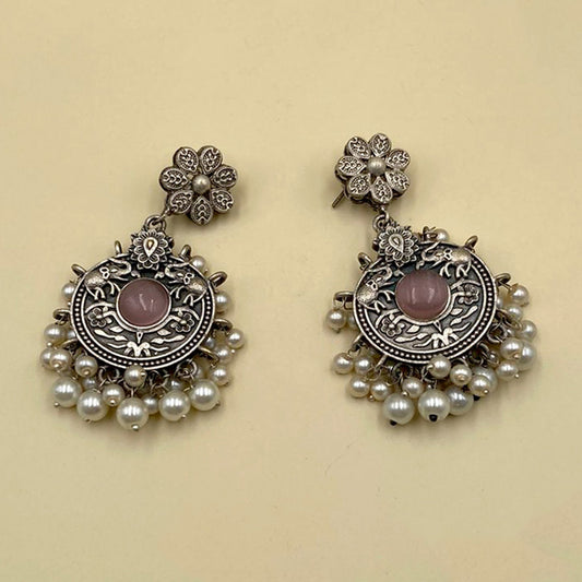 Powder Pink Chokar Oxidised Earrings With Pearls