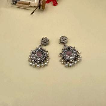 Powder Pink Chokar Oxidised Earrings With Pearls
