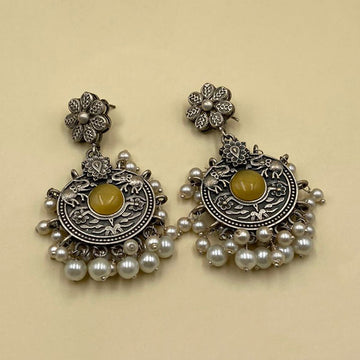 Yellow Chokar Oxidised Earrings With Pearls