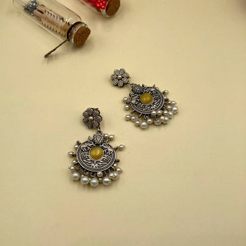 Yellow Chokar Oxidised Earrings With Pearls