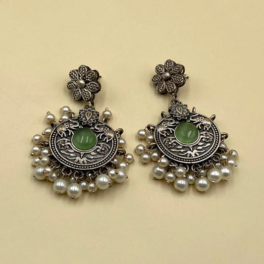 Lime Green Chokar Oxidised Earrings With Pearls
