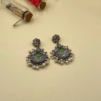 Lime Green Chokar Oxidised Earrings With Pearls