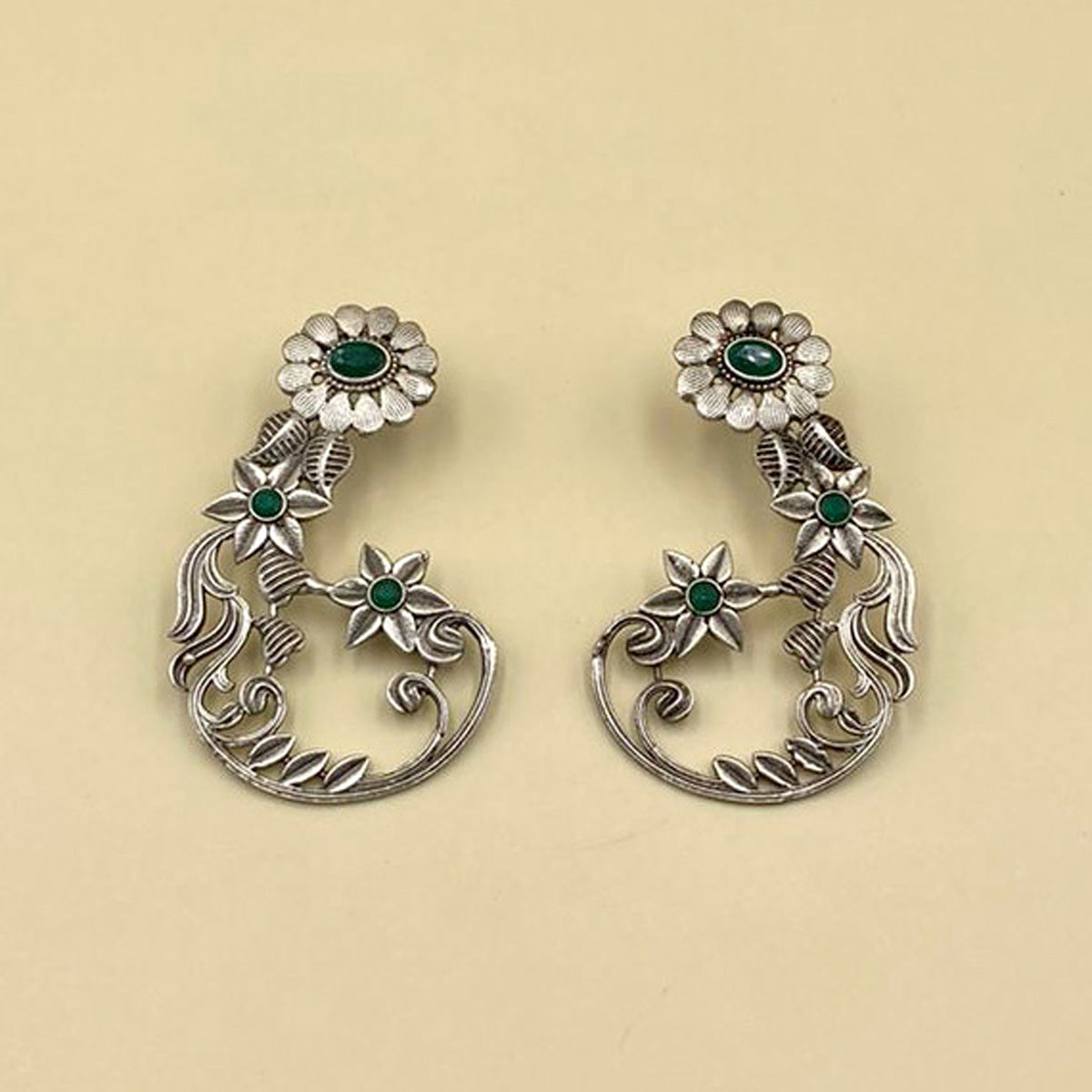 Green Decorated Floral Oxidised Earrings