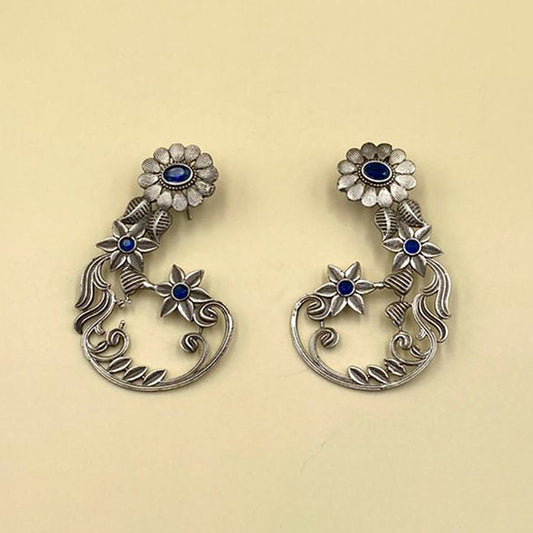 Blue Decorated Floral Oxidised Earrings