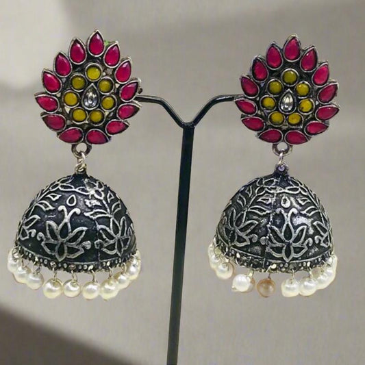 Traditional Oxidised Jhumka Earrings With Pearls