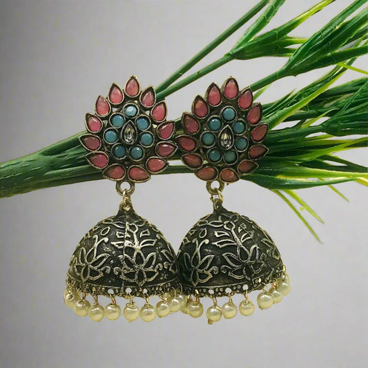 Traditional Oxidised Jhumka Earrings With Pearls