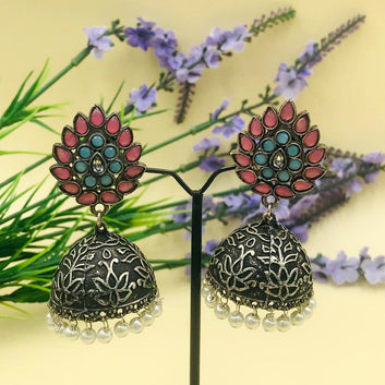 Traditional Oxidised Jhumka Earrings With Pearls