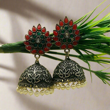 Traditional Oxidised Jhumka Earrings With Pearls