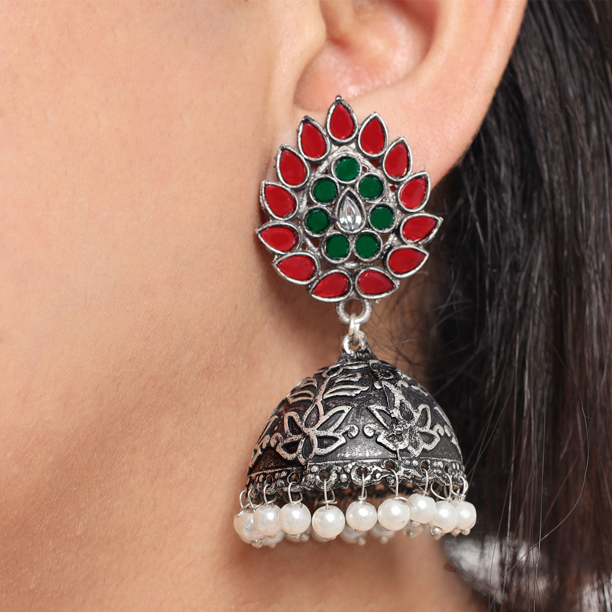 Traditional Oxidised Jhumka Earrings With Pearls