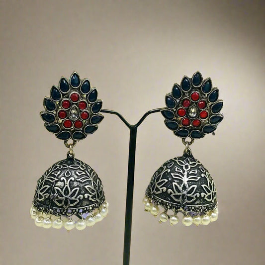 Traditional Oxidised Jhumka Earrings With Pearls