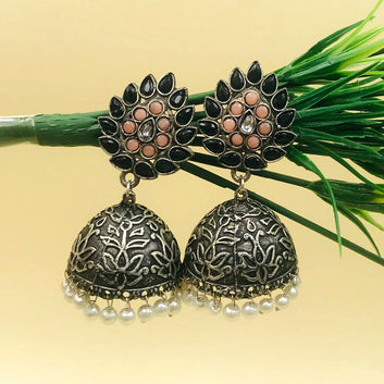 Traditional Oxidised Jhumka Earrings With Pearls