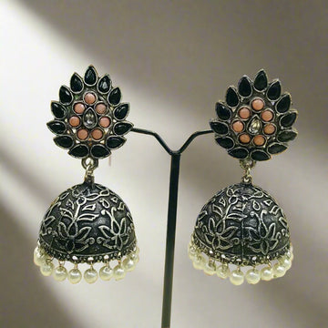 Traditional Oxidised Jhumka Earrings With Pearls