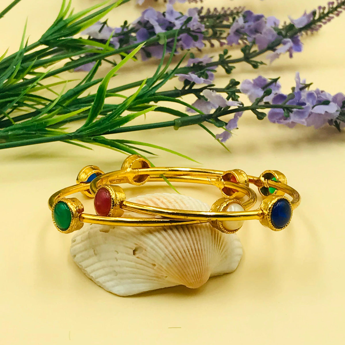 Pack of 4 Coloured Pearl Golden Bangles