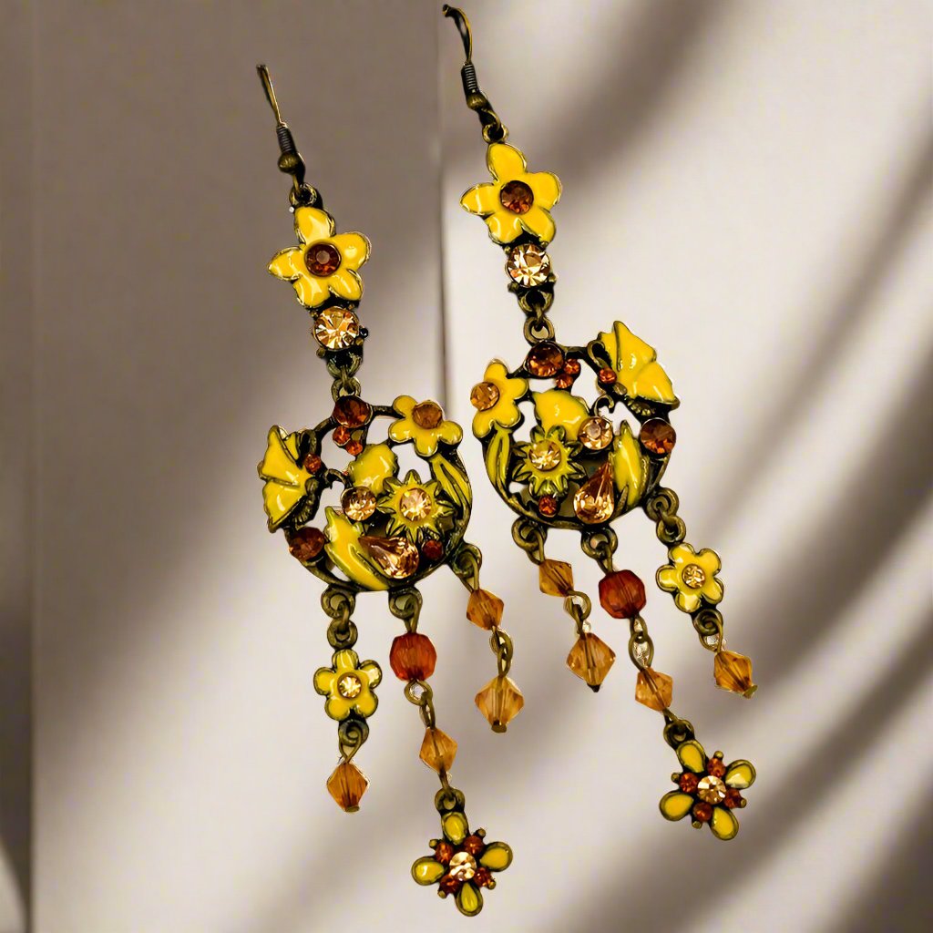 Yellow & Peach Contrast Chandelier Oxidised Earrings