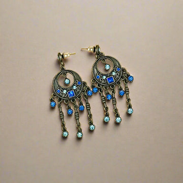 Blue Chandelier Dropped Oxidised Earrings