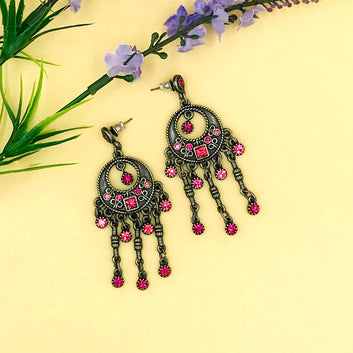 Pink Chandelier Dropped Oxidised Earrings