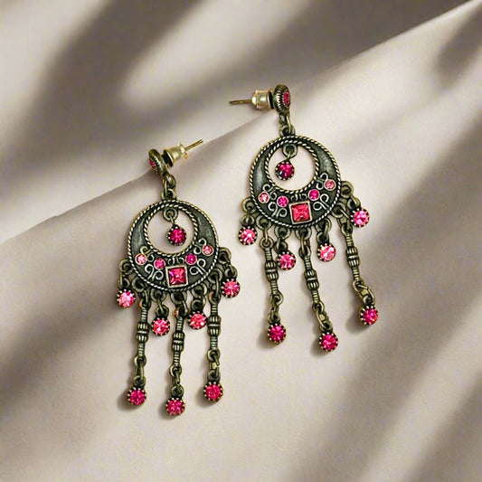 Pink Chandelier Dropped Oxidised Earrings