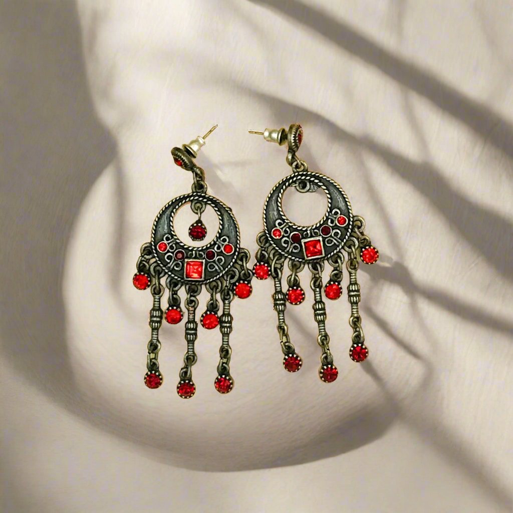 Red Chandelier Dropped Oxidised Earrings