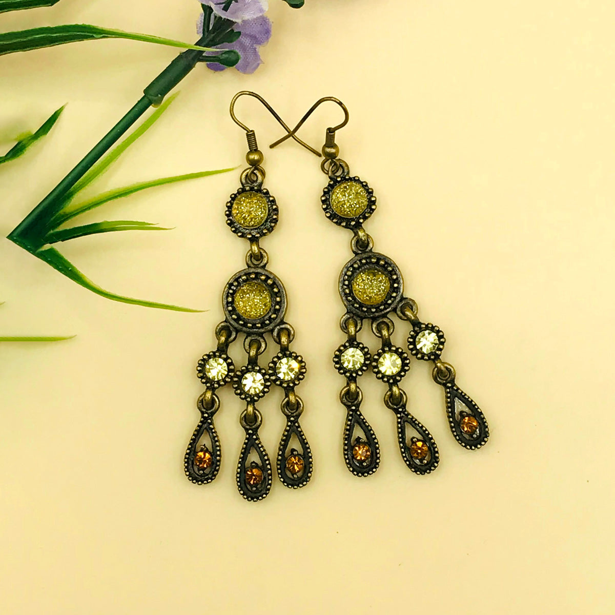 Yellow Cluster Drop Oxidised Earrings