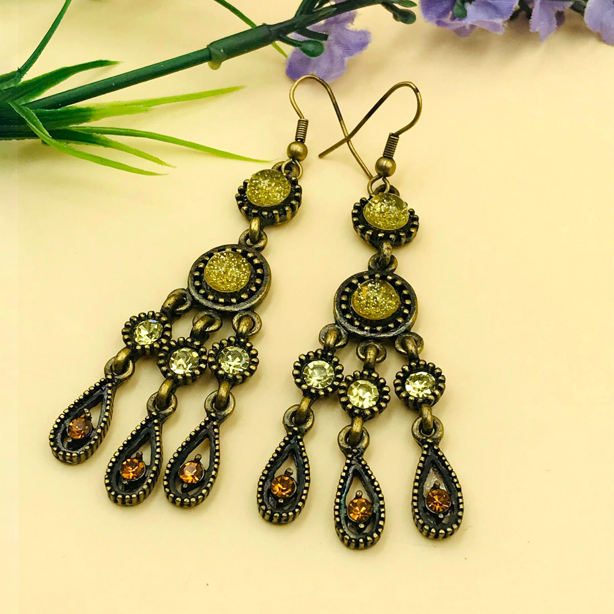 Yellow Cluster Drop Oxidised Earrings