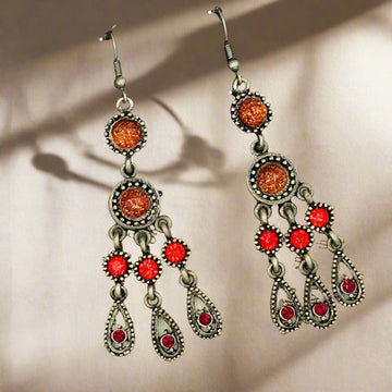 Red Cluster Drop Oxidised Earrings