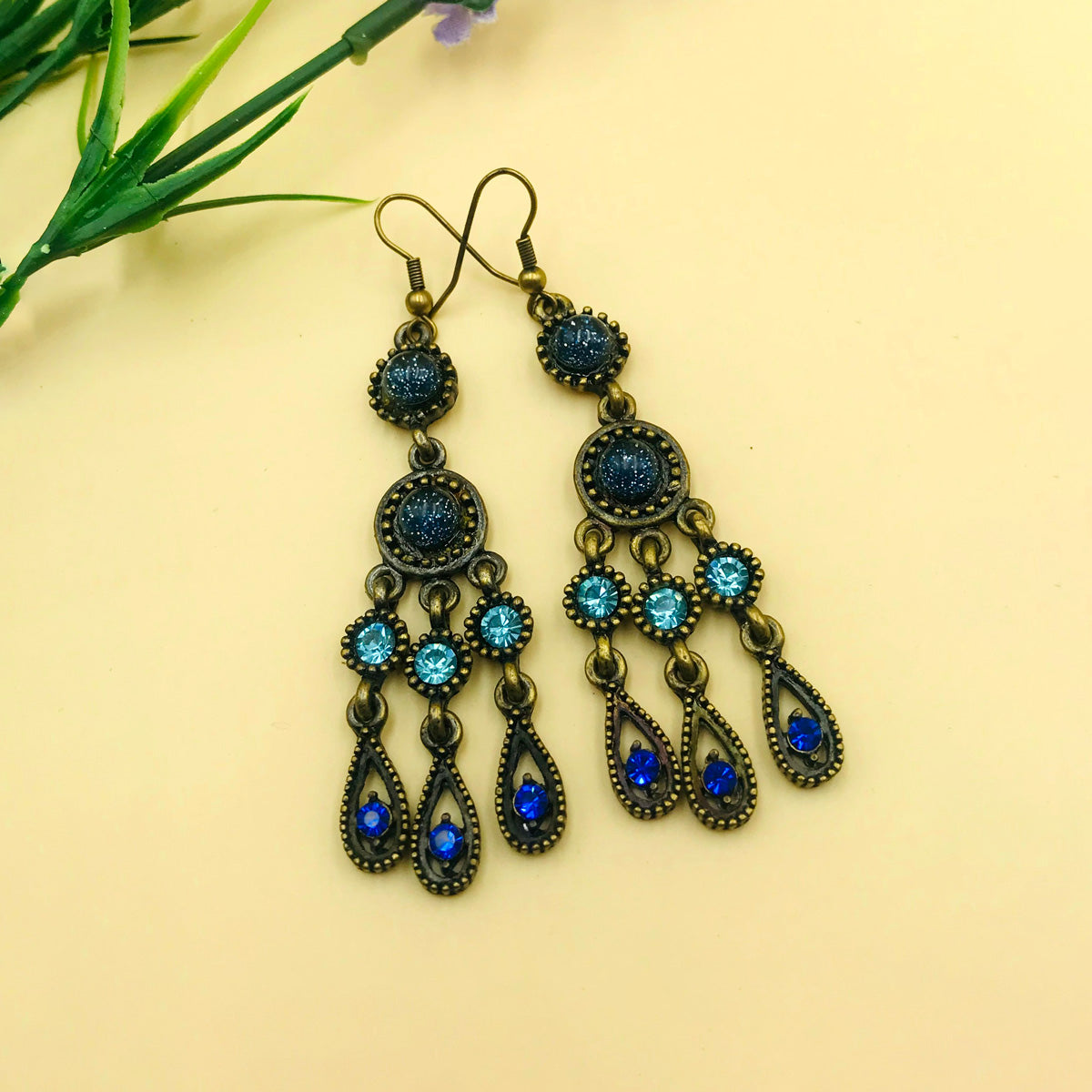 Blue Cluster Drop Oxidised Earrings