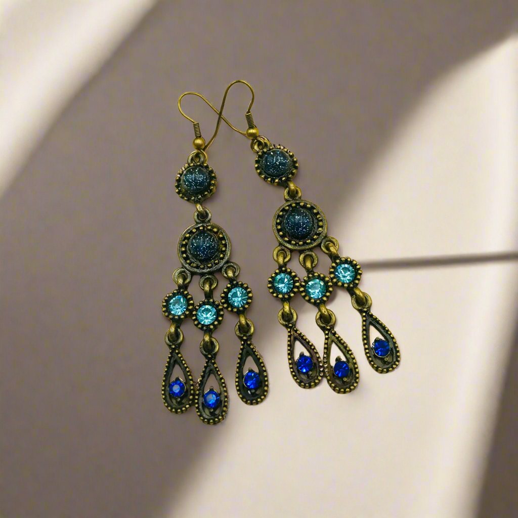 Blue Cluster Drop Oxidised Earrings