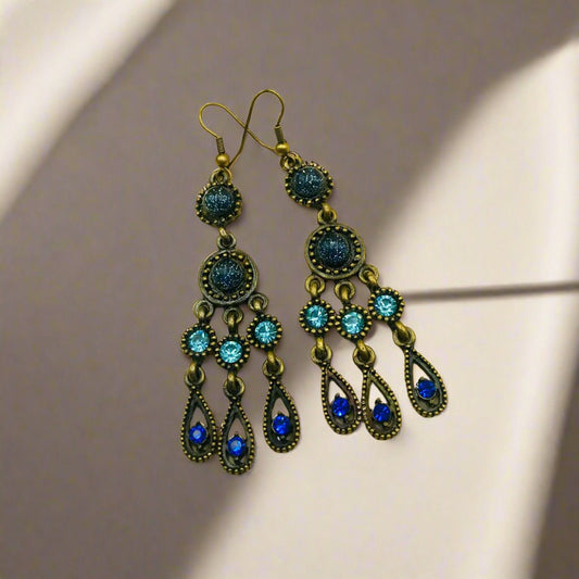 Blue Cluster Drop Oxidised Earrings