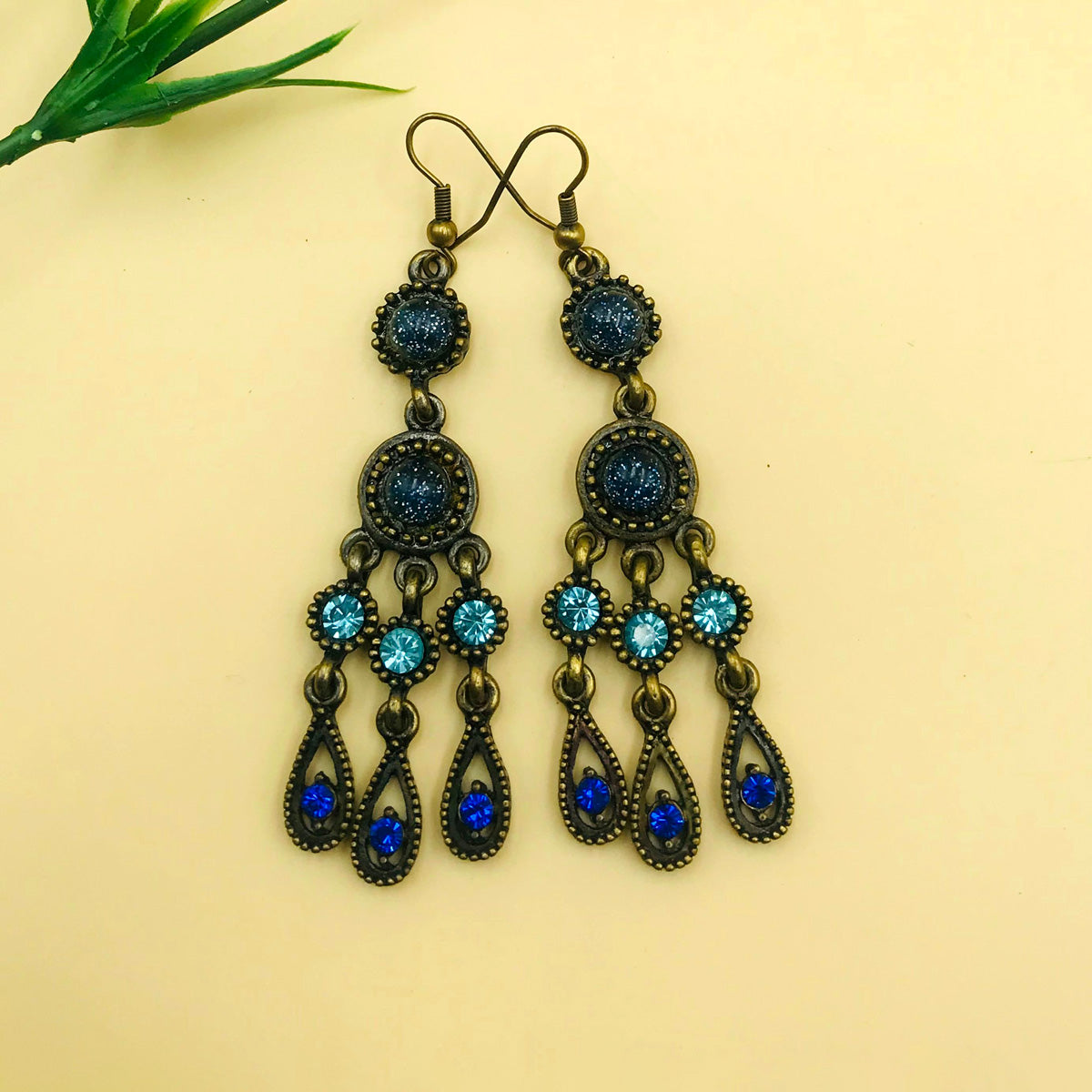 Blue Cluster Drop Oxidised Earrings