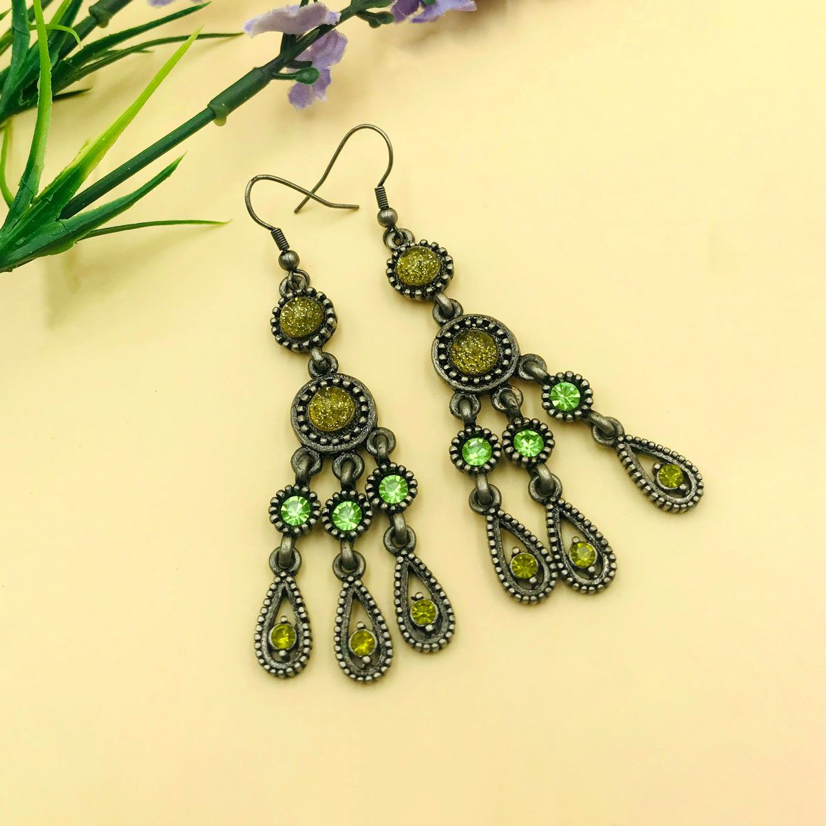 Green Cluster Drop Oxidised Earrings